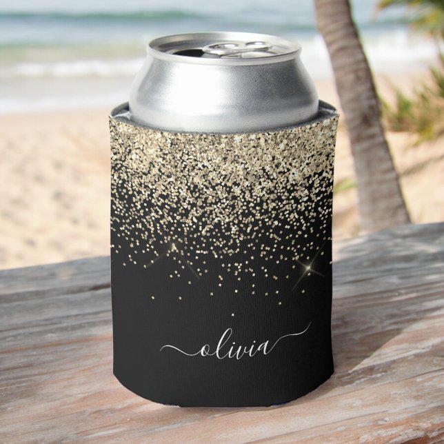 Gold Black Glitter Script Monogram Girly Name Can Cooler (Creator Uploaded)
