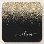 Gold Black Glitter Script Monogram Girly Name Coaster<br><div class="desc">Black and Gold Glitter Script Monogram Name Paper Coasters. This makes the perfect graduation,  birthday,  wedding,  bridal shower,  anniversary,  baby shower or bachelorette party gift for someone that loves glam luxury and chic styles.</div>