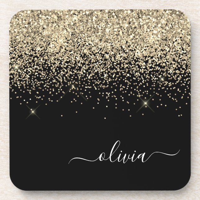 Gold Black Glitter Script Monogram Girly Name Coaster (Front)