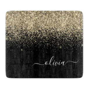 Gold Black Glitter Script Monogram Girly Name Cutting Board