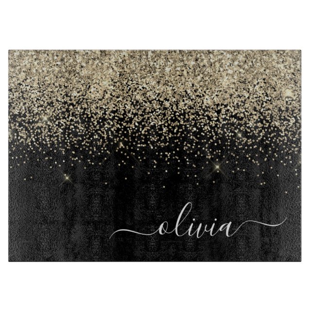 Gold Black Glitter Script Monogram Girly Name Cutting Board (Front)