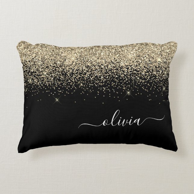 Gold Black Glitter Script Monogram Girly Name Decorative Cushion (Front)
