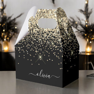 Gold Black Glitter Script Monogram Girly Name Favour Box