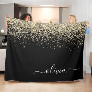 Gold Black Glitter Script Monogram Girly Name Fleece Blanket