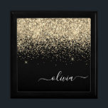 Gold Black Glitter Script Monogram Girly Name Gift Box<br><div class="desc">Black and Gold Sparkle Glitter script Monogram Name Jewellery Keepsake Box. This makes the perfect graduation,  birthday,  wedding,  bridal shower,  anniversary,  baby shower or bachelorette party gift for someone that loves glam luxury and chic styles.</div>