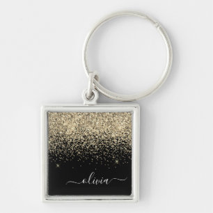 Gold Black Glitter Script Monogram Girly Name Key Ring
