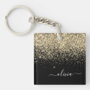 Gold Black Glitter Script Monogram Girly Name Key Ring