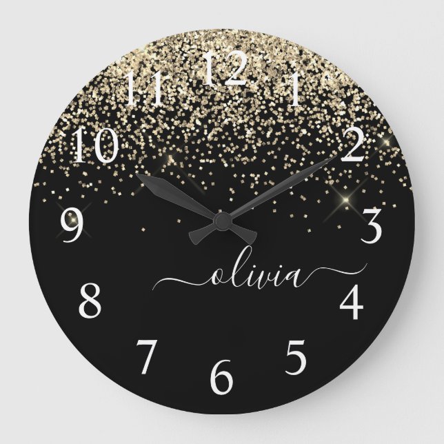 Gold Black Glitter Script Monogram Girly Name Large Clock (Front)