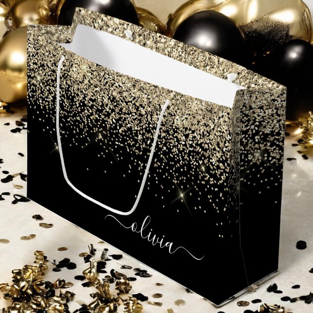 Gold Black Glitter Script Monogram Girly Name Large Gift Bag (Creator Uploaded)