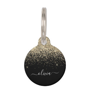 Gold Black Glitter Script Monogram Girly Name Pet Tag