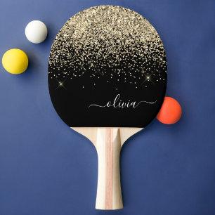 Gold Black Glitter Script Monogram Girly Name Ping Pong Paddle