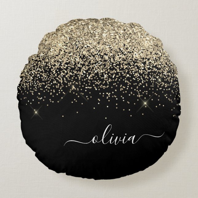 Gold Black Glitter Script Monogram Girly Name Round Cushion (Front)