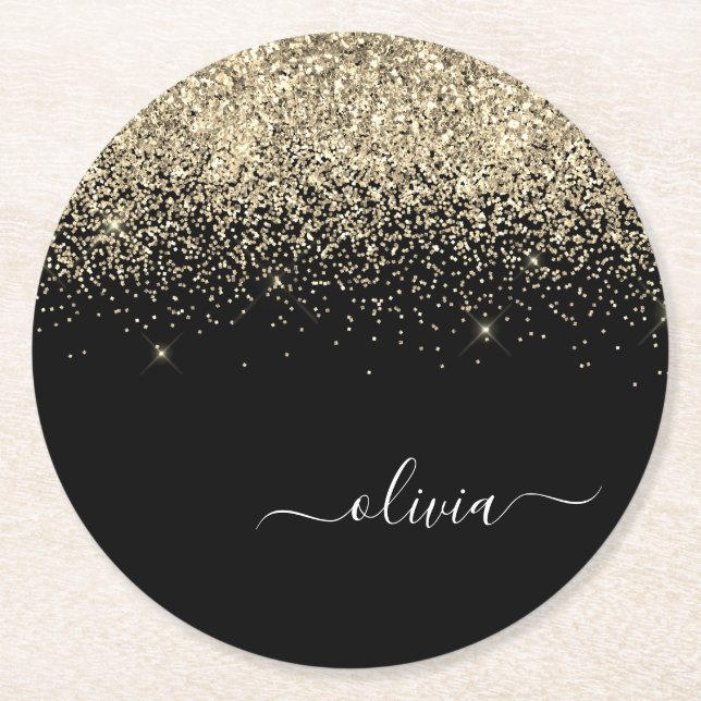 Gold Black Glitter Script Monogram Girly Name Round Paper Coaster (Front)