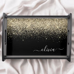 Gold Black Glitter Script Monogram Girly Name Serving Tray<br><div class="desc">Black and Gold Faux Sparkle Glitter Script Monogram Name Place Serving Tray. This makes the perfect graduation,  birthday,  wedding,  bridal shower,  anniversary,  baby shower or bachelorette party gift for someone that loves glam luxury and chic styles.</div>