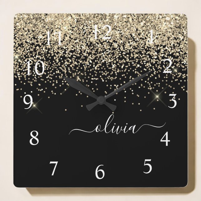 Gold Black Glitter Script Monogram Girly Name Square Wall Clock (Creator Uploaded)