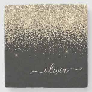 Gold Black Glitter Script Monogram Girly Name Stone Coaster