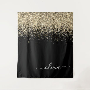 Gold Black Glitter Script Monogram Girly Name Tapestry