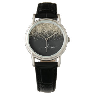 Gold Black Glitter Script Monogram Girly Name Watch