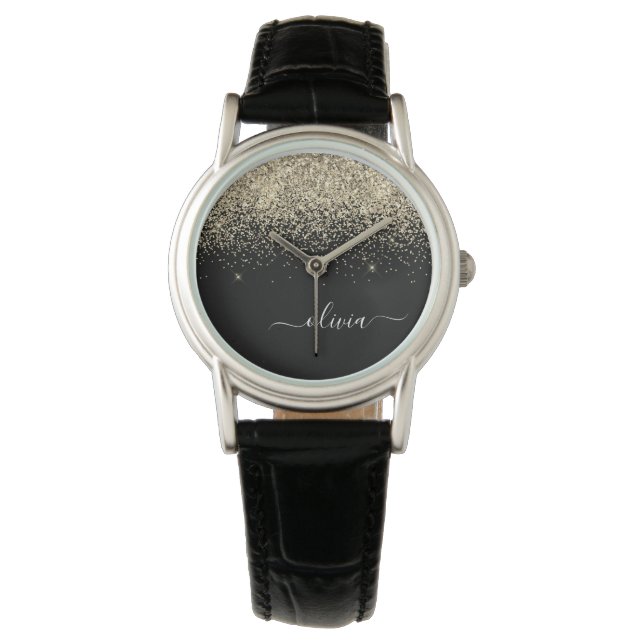 Gold Black Glitter Script Monogram Girly Name Watch (Front)