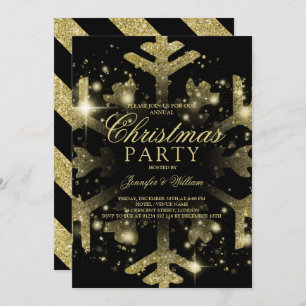 Gold & Black Glitter Snowflake Xmas Holiday Party Invitation