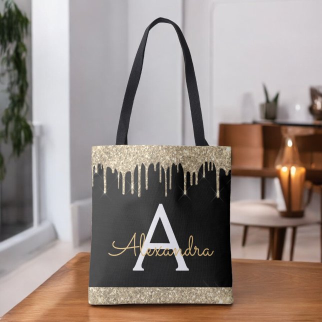 Gold Black Glitter Sparkle Elegant Monogram Tote Bag (Creator Uploaded)