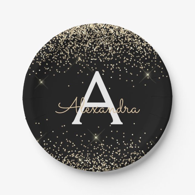 Gold Black Glitter Sparkle Monogram Birthday Paper Plate (Front)