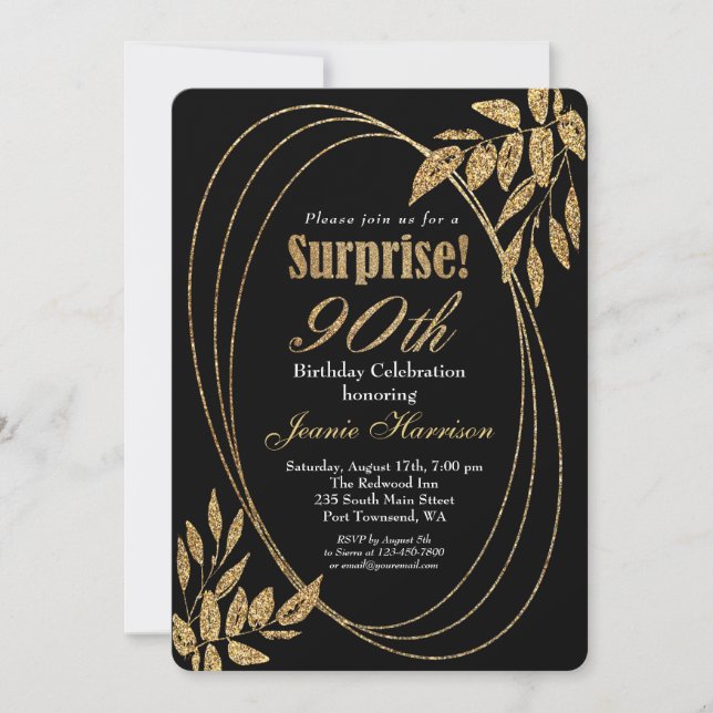 Gold Black Glitter Surprise 90th Birthday Party Invitation (Front)
