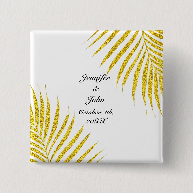 Gold Black Glittery Palm Leaf Tropical Wedding Pin (Front)