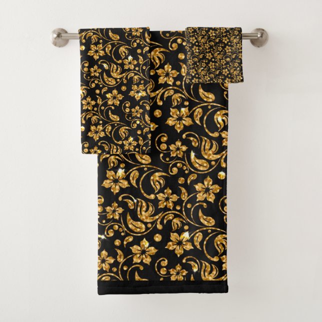 Gold Black Glossy Floral Bath Towel Set (Insitu)