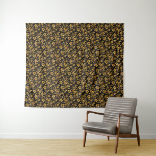 Gold Black Glossy Floral Tapestry