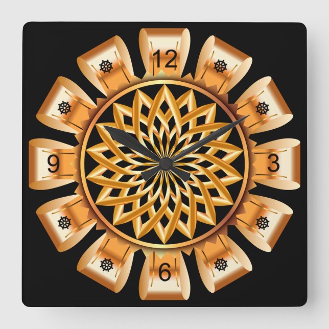 Gold & Black ~ Golden Bow Circle ~ Unique ~ Square Wall Clock (Front)