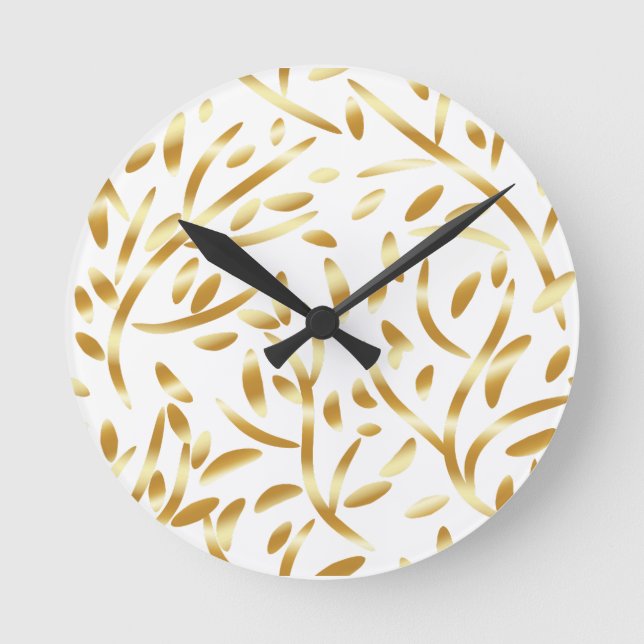Gold Black Gradient Leaves Botanical Floral Patter Round Clock (Front)