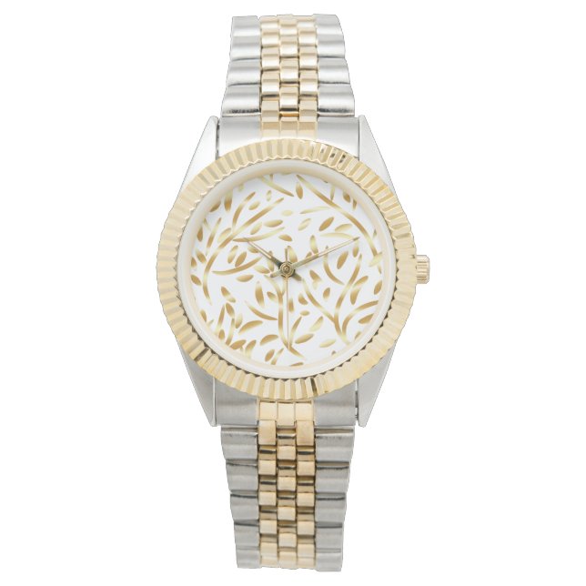 Gold Black Gradient Leaves Botanical Floral Patter Watch (Front)
