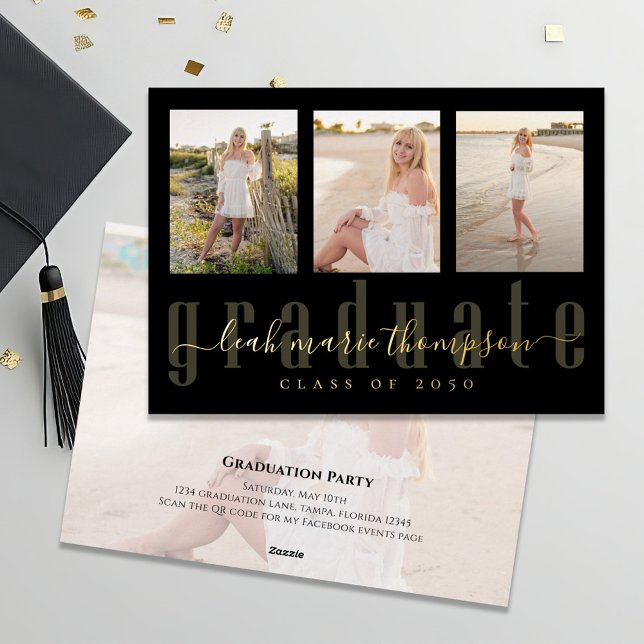 Gold Black Graduate Calligraphy Photo Collage  (Black and gold foil graduation photo invitation announcement. )