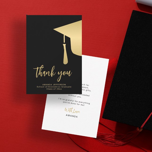 Gold black graduation cap simple script thank you card (Creator Uploaded)