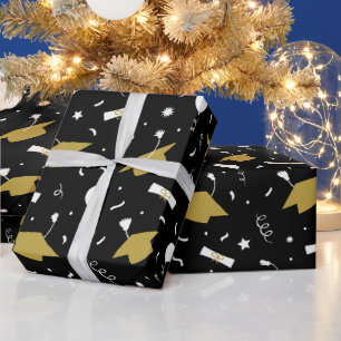 Gold Black Graduation Cap Toss Wrapping Paper