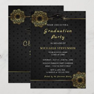 Gold Black Graduation Invitation with Lace Flowers