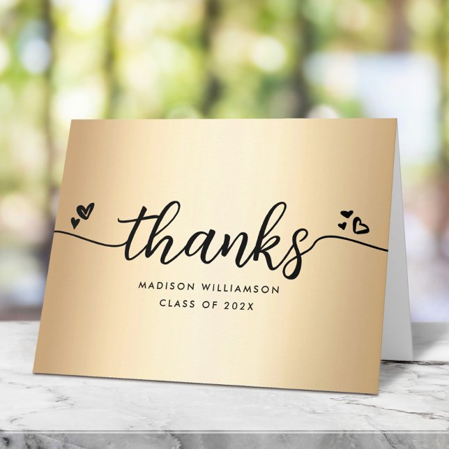 Gold Black Graduation Modern Elegant Script Hearts Thank You Card (Creator Uploaded)