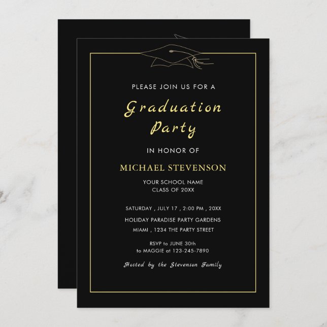 Gold Black Graduation Party Invitation Template (Front/Back)