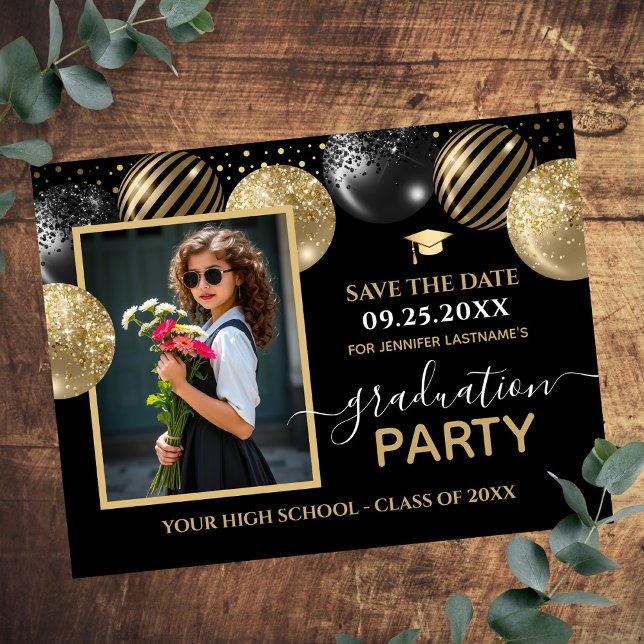 Gold Black Graduation Party Photo Save the Date Postcard (Creator Uploaded)