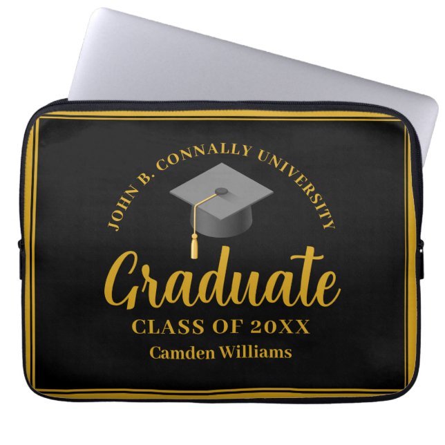 Gold Black Graduation Personalised 2024 Graduate  Laptop Sleeve (Front)