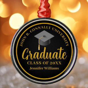 Gold Black Graduation Personalised 2025 Christmas Metal Ornament