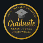 Gold Black Graduation Personalised 2025 Graduate Magnet<br><div class="desc">This sophisticated gold and black graduation magnet keepsake features elegant cursive script under a grad cap. Personalise this commemorative Class of 2025 graduate gift with chic serif typography for formal senior presents. Modern high school or college graduation party suite.</div>
