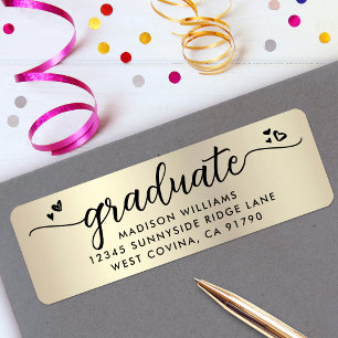 Gold Black Graduation Script Hearts Modern Address Return Address Label
