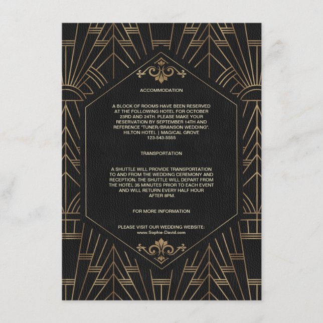 Gold Black Great Gatsby 20s Wedding Accommodation Enclosure Card (Front)