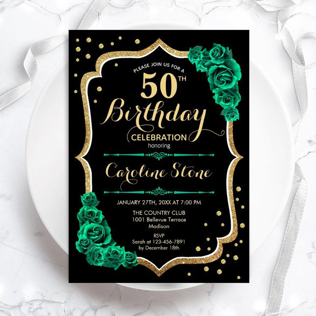 Gold Black Green Roses 50th Birthday Invitation (Creator Uploaded)