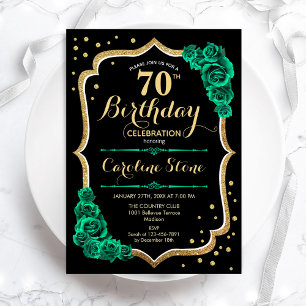 Gold Black Green Roses 70th Birthday Invitation