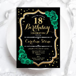 Gold Black Green Roses Elegant 18th Birthday Invitation<br><div class="desc">18th Birthday Party Invitation. Elegant floral emerald green design with faux glitter gold,  roses and script font. Perfect for a stylish womens bday celebration. Can be customised for any age! Printed Zazzle invitations or instant download digital printable template.</div>
