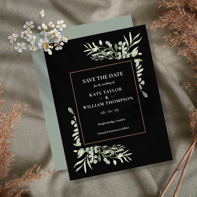 Gold Black Greenery Leaves Wedding Save the Date Invitation Postcard (Creator Uploaded)
