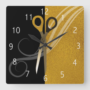 Gold & Black Hair Curl & Scissors   Hair Salon Square Wall Clock